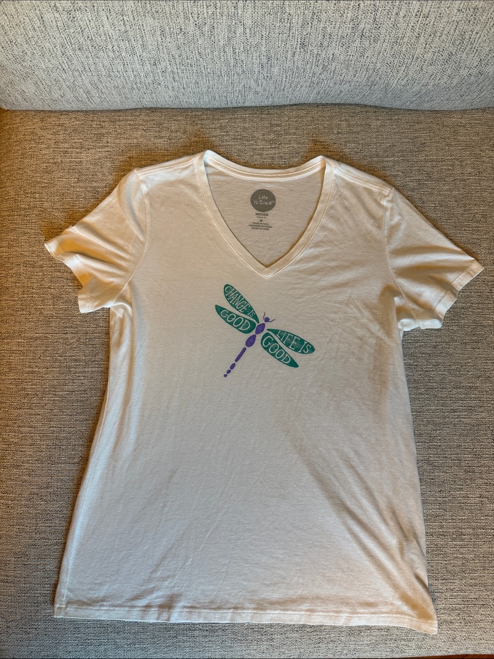 Life Is Good White V-Neck Tee with Teal and Purple Dragonfly Graphic Md